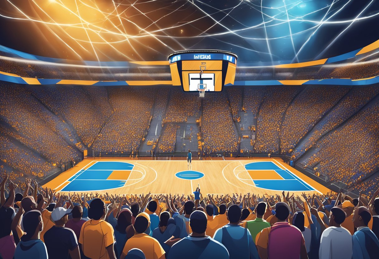 A packed college basketball arena in New York City, with fans cheering and waving team flags, creating a vibrant and electric atmosphere