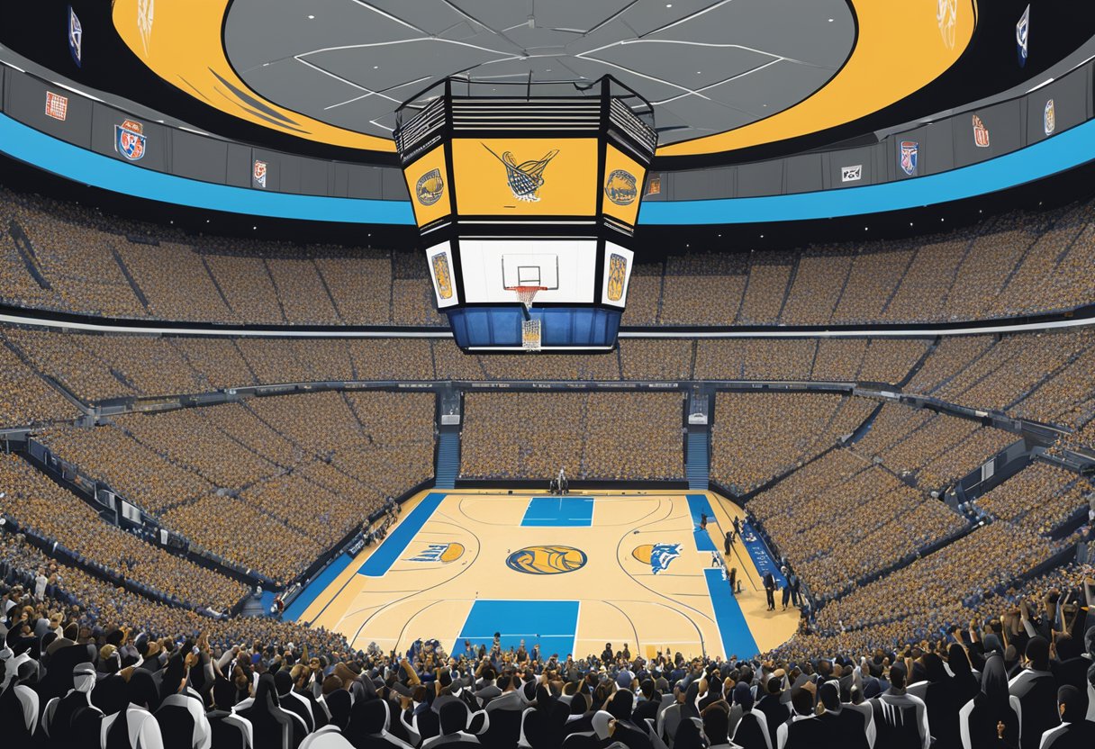A packed college basketball arena in New York, with cheering fans and team logos displayed prominently